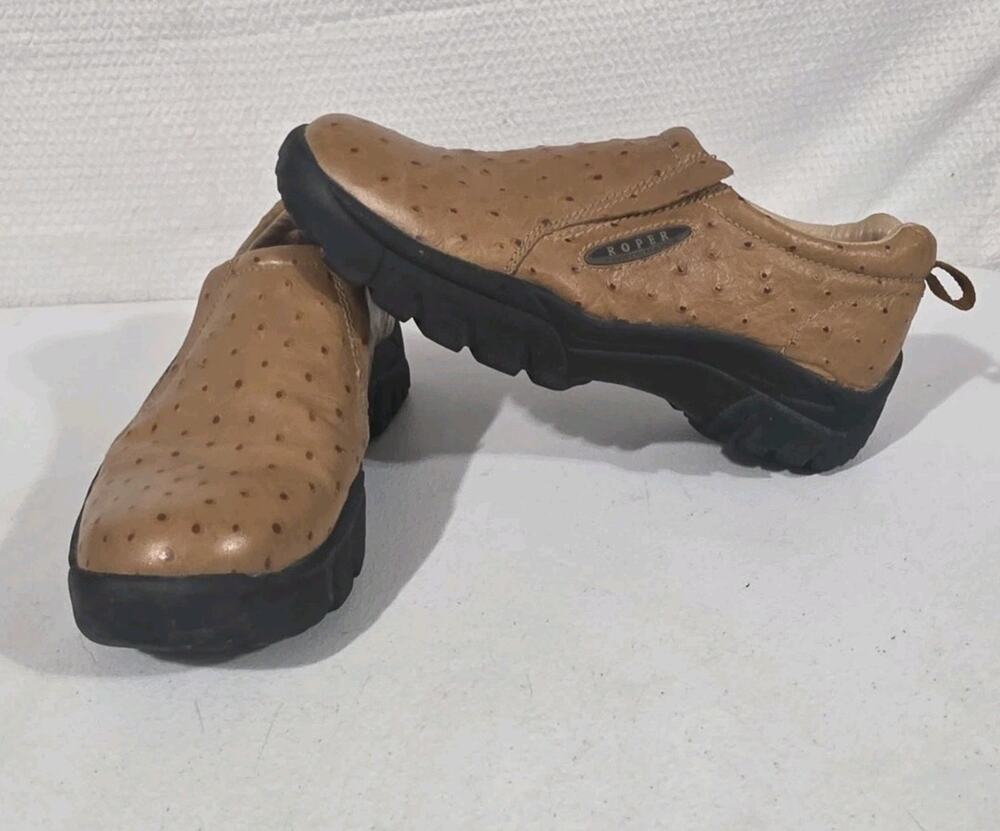 Roper Faux Ostrich Leather Slip On Shoes Size 11 Tan Mens Western Rugged Casual